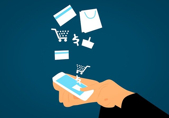An illustration of a person doing online shopping via a mobile phone.